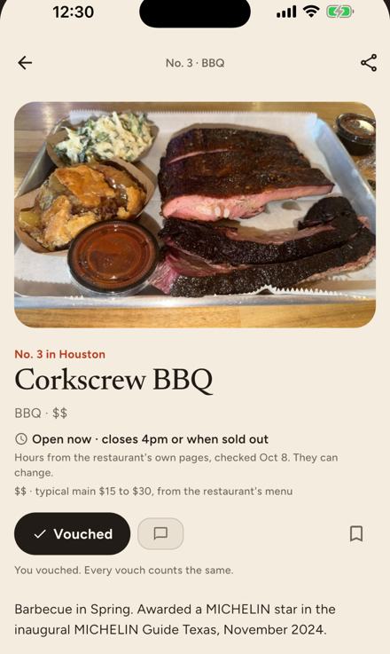 A Vouch restaurant page